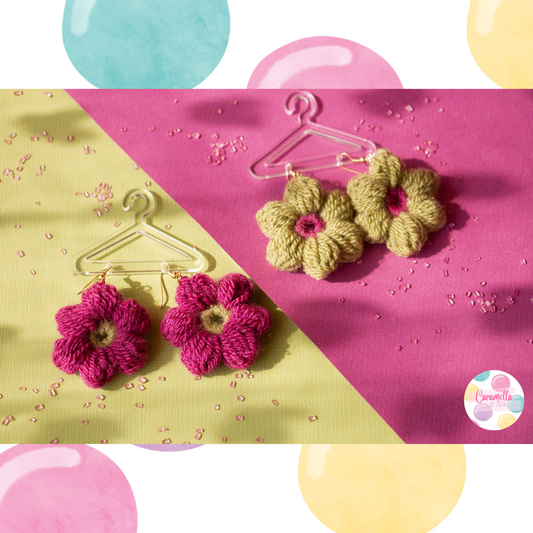 Handmade Crochet Puff Flower Earrings - Gold Plated - Berry and Green