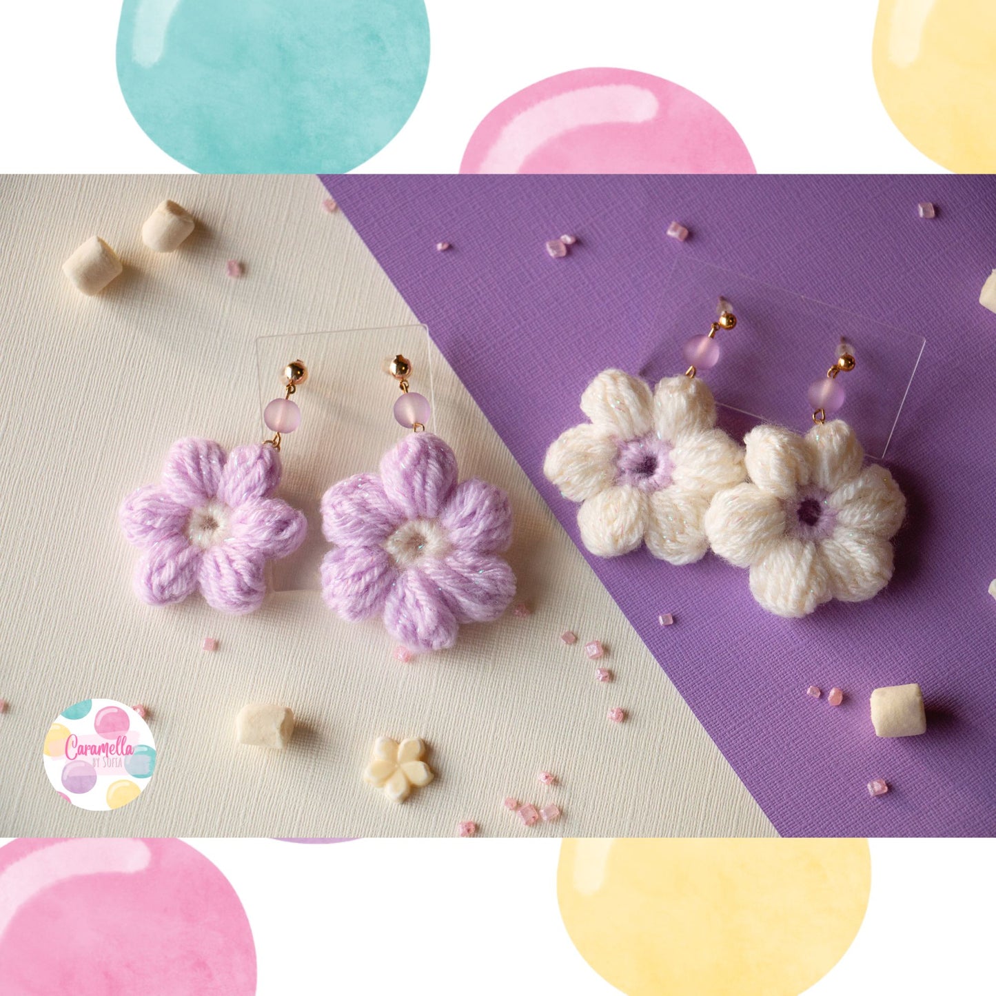 Handmade Crochet Puff Flower Earrings - Gold Plated - Lilac and Pale Yellow  - Purple Beads