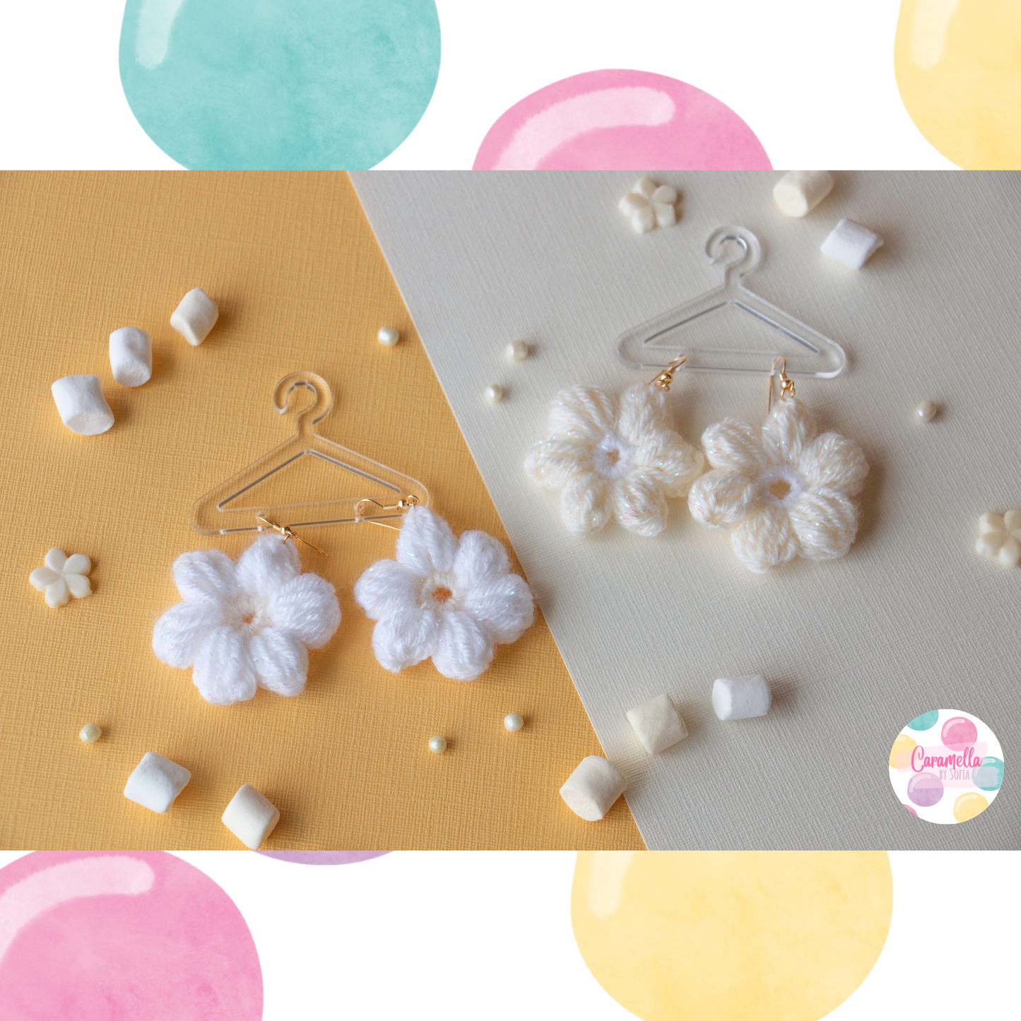 Handmade Flower Crochet Earrings - Pastel Yellow and White - Gold