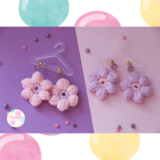 Handmade Crochet Puff Flower Earrings - Lilac and Baby Pink - Lilac Beads - Gold Plated