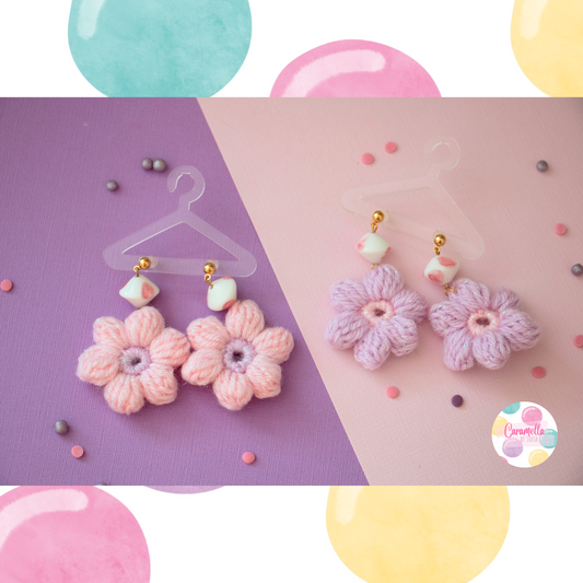 Handmade Crochet Puff Flower Earrings - Purple and Lilac - BIG Chalk Beads - Gold Plated