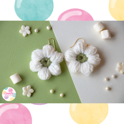 Handmade Puff Flower Crochet Earrings - Gold Plated Hooks - Pistachio Green and White