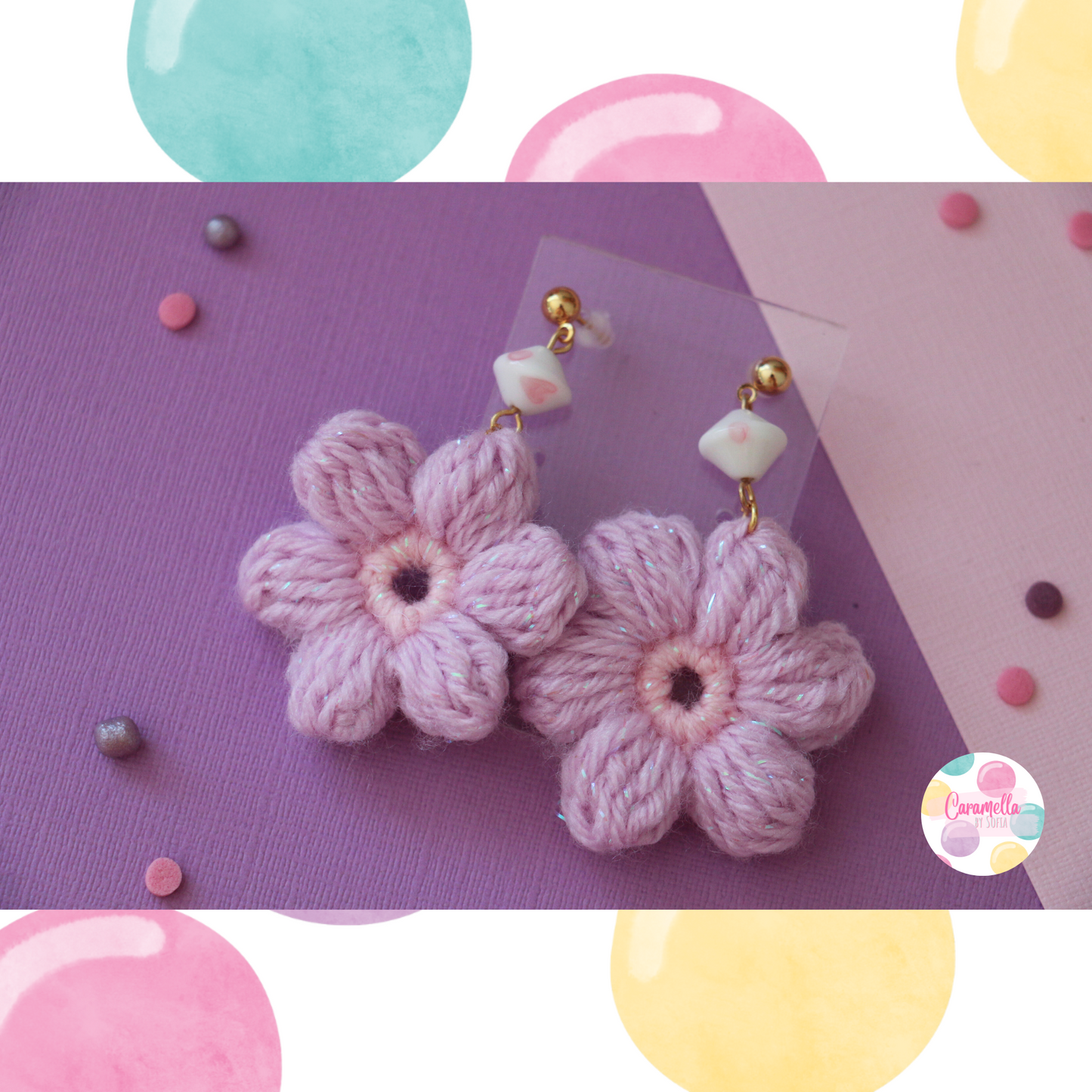 Handmade Crochet Puff Flower Earrings - Purple and Lilac - BIG Chalk Beads - Gold Plated