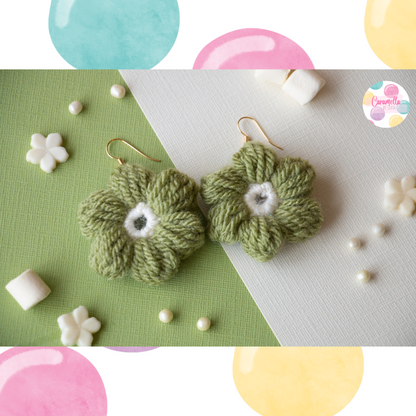 Handmade Puff Flower Crochet Earrings - Gold Plated Hooks - Pistachio Green and White