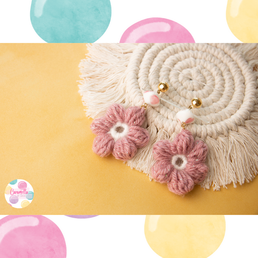 Handmade Flower Crochet Earrings - Rose Pink and White - Gold Plated - Big Chalk Glass Beads