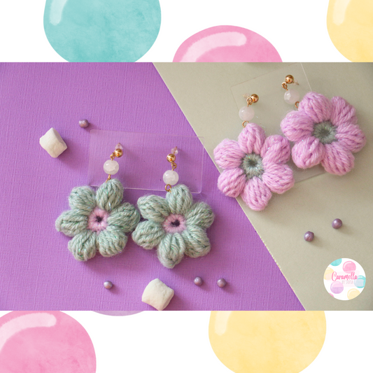 Handmade Puff Flower Crochet Earrings - Green Glass Beads - Sage Green and Lilac - Gold Plated