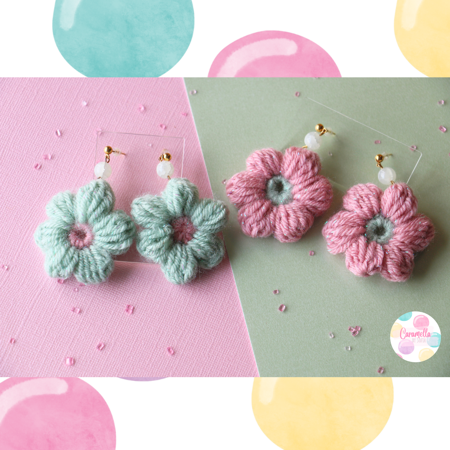 Handmade Puff Flower Crochet Earrings - Green Glass Beads - Sage Green and Rose Pink - Gold Plated Findings