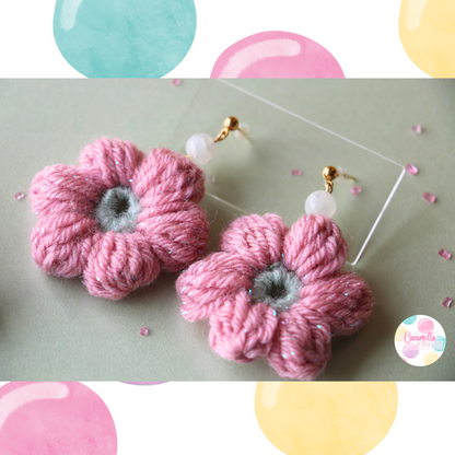 Handmade Puff Flower Crochet Earrings - Green Glass Beads - Sage Green and Rose Pink - Gold Plated Findings