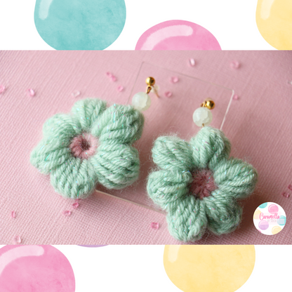 Handmade Puff Flower Crochet Earrings - Green Glass Beads - Sage Green and Rose Pink - Gold Plated Findings