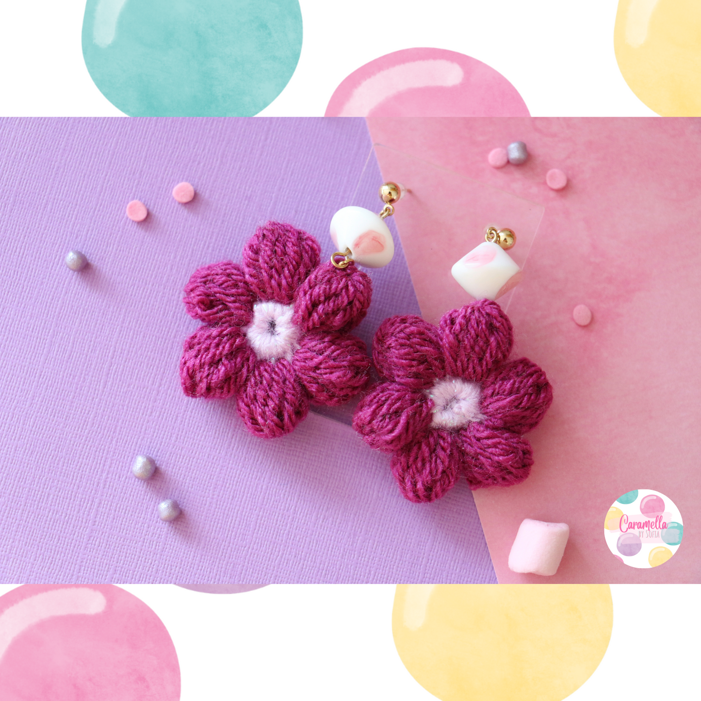 Handmade Crochet Flower Earrings - Lilac and Berry Purple - Chalk Beads - Gold Plated