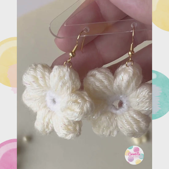 Ecru and Caramel Jewelry Crochet Earrings with White Beads and